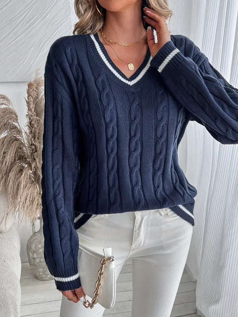 Women’s Sweater – V-Neck and Cable-Knit, Relaxed Everyday Fit — product view