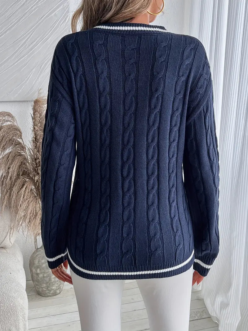 Women’s Sweater – V-Neck and Cable-Knit, Relaxed Everyday Fit — product view
