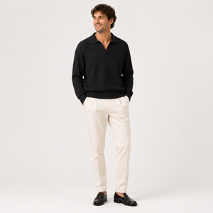 Pull polo pour homme à manches longues et fini texturé — Noir