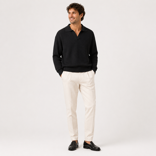 Men's Polo-Collar Textured Pullover — Black