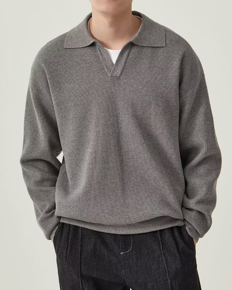 Men's Polo-Collar Textured Pullover — Grey