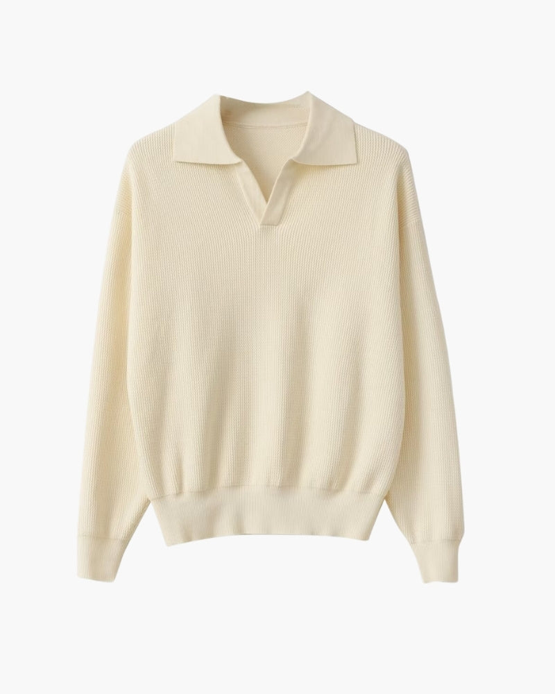 Men's Polo-Collar Textured Pullover — Ivory
