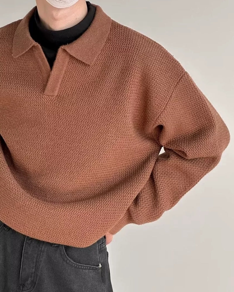 Men's Polo-Collar Textured Pullover — Brown