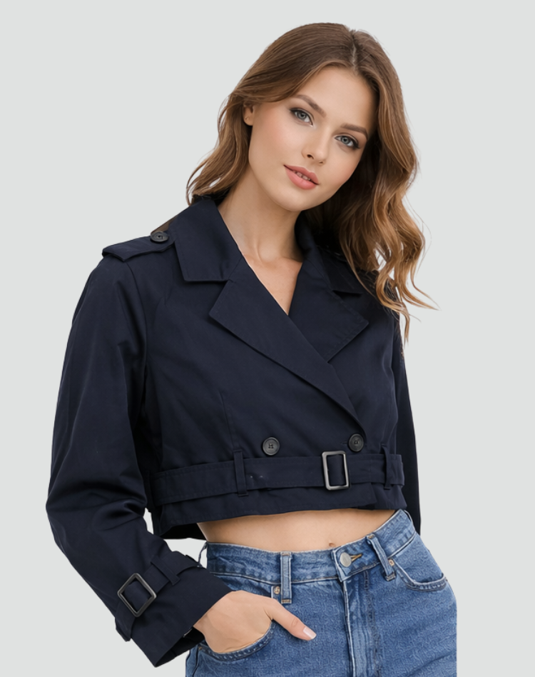 Women’s Trench Coat – Cropped Fit and Timeless Classic Silhouette — Navy Blue