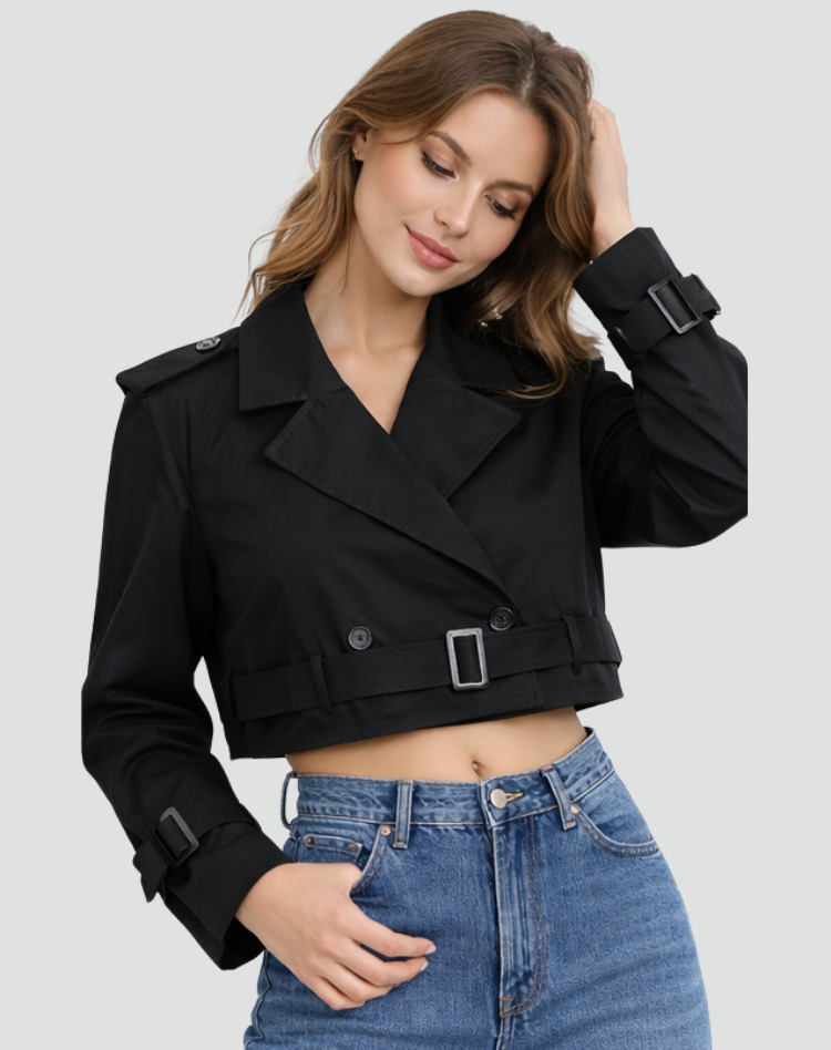 Women’s Trench Coat – Cropped Fit and Timeless Classic Silhouette — Black