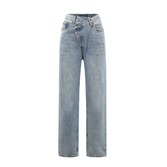 Women’s Denim Jeans – Wide Leg and Asymmetrical Crossed Waistband — Light Blue