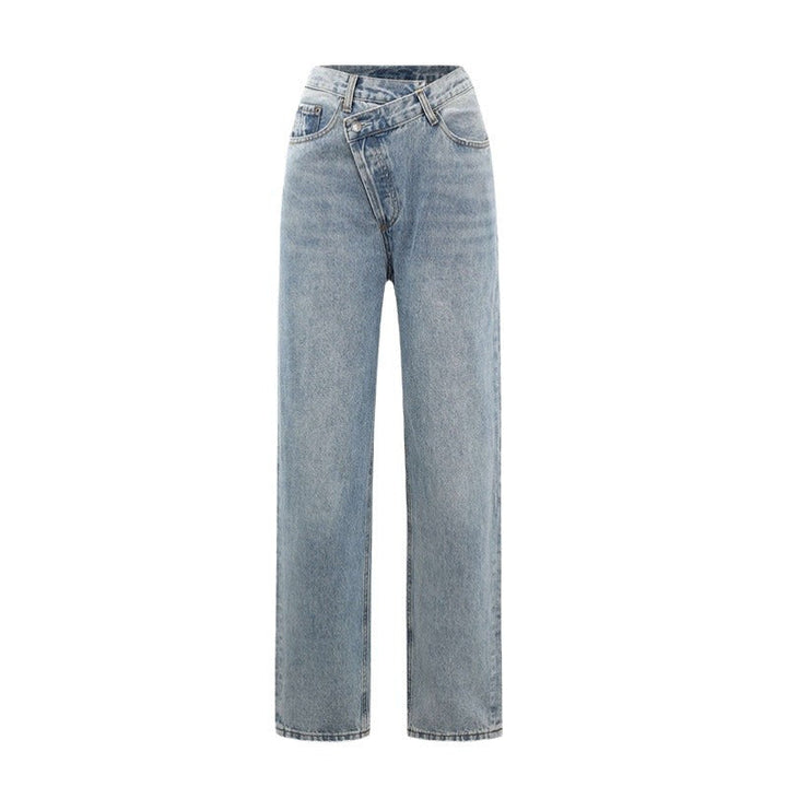 Damenjeans aus Denim mit weitem Bein und gekreuztem Bund — Hellblau
