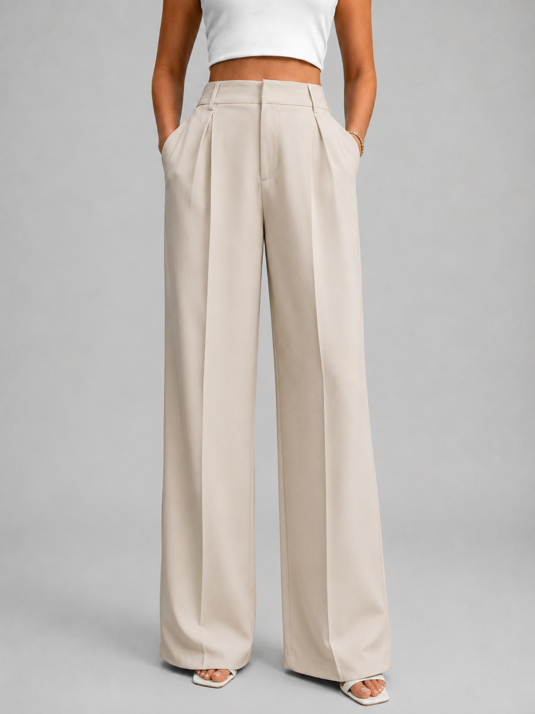 Women’s Trousers – High-Waisted, Wide-Leg, Timeless Tailored Cut — Beige