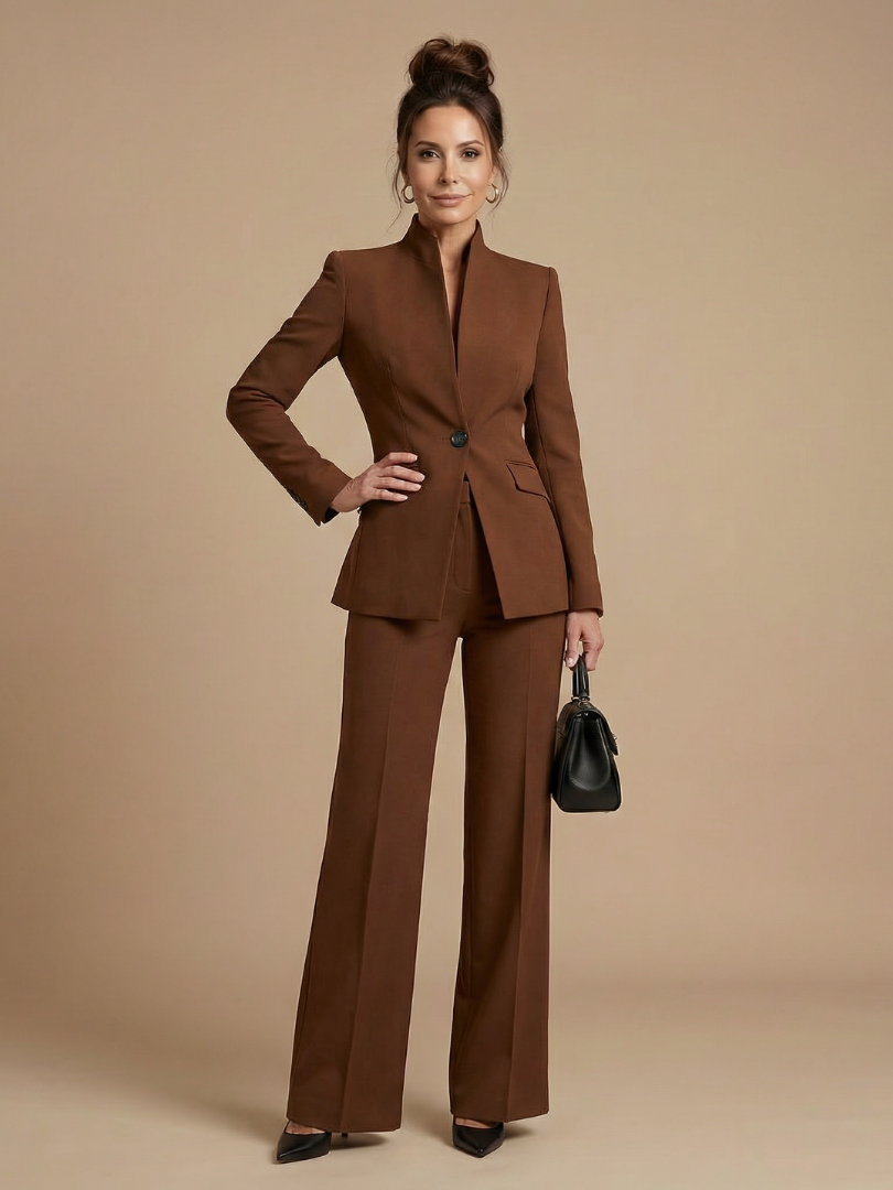 Women’s Tailored Suit Set – Stand Collar and Timeless Structured Fit — Brown