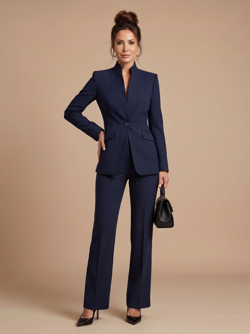 Women’s Tailored Suit Set – Stand Collar and Timeless Structured Fit — Navy