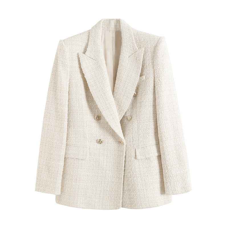 Women's Hip-Length Blazer – Notched Lapel and Fitted Waist — Beige