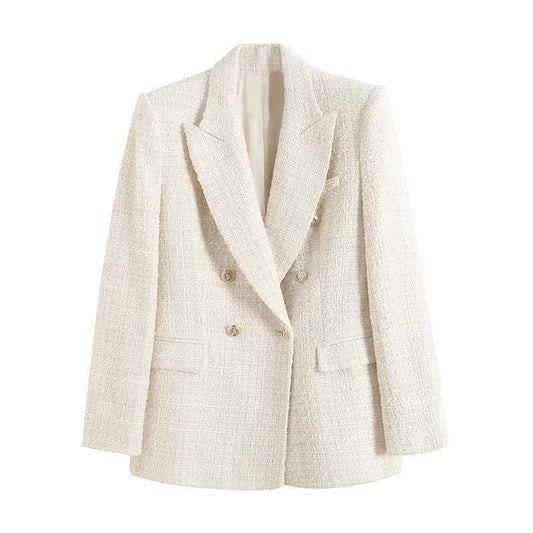 Women's Hip-Length Blazer – Notched Lapel and Fitted Waist — Beige