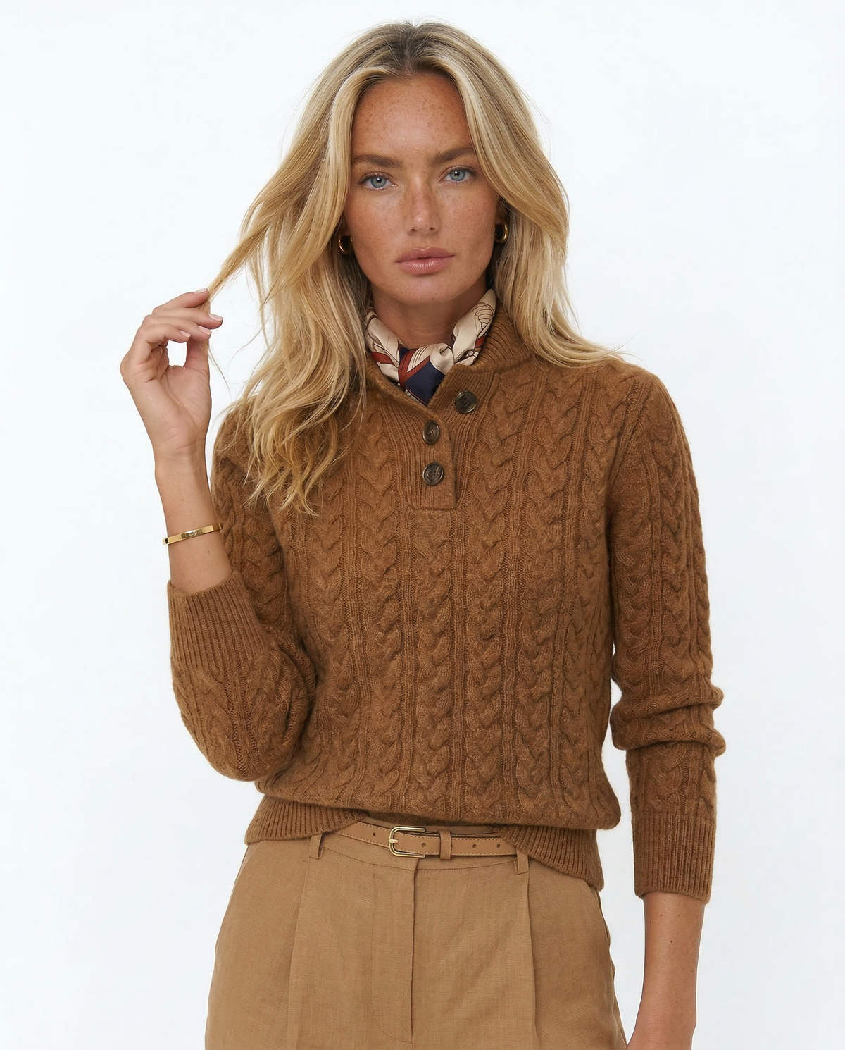 Women’s Sweater – Buttoned High Neck and Cable-Knit Design — Brown