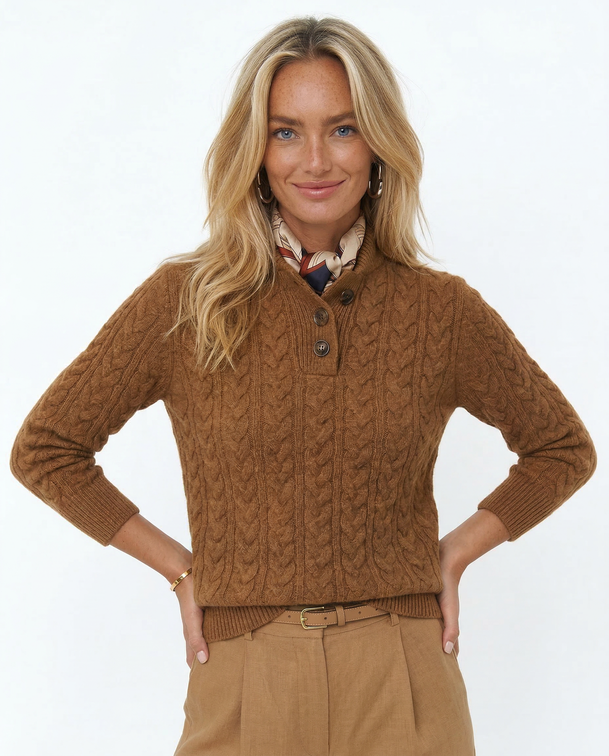 Women’s Sweater – Buttoned High Neck and Cable-Knit Design — product view