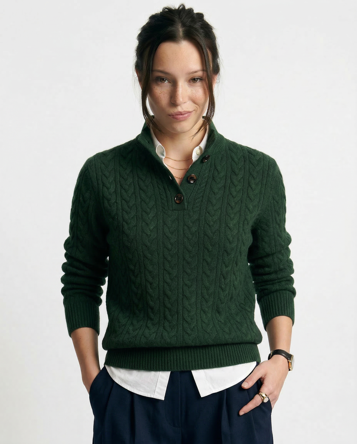 Women’s Sweater – Buttoned High Neck and Cable-Knit Design — Dark Green