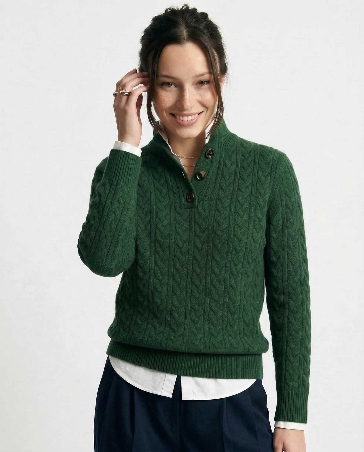 Women’s Sweater – Buttoned High Neck and Cable-Knit Design — product view