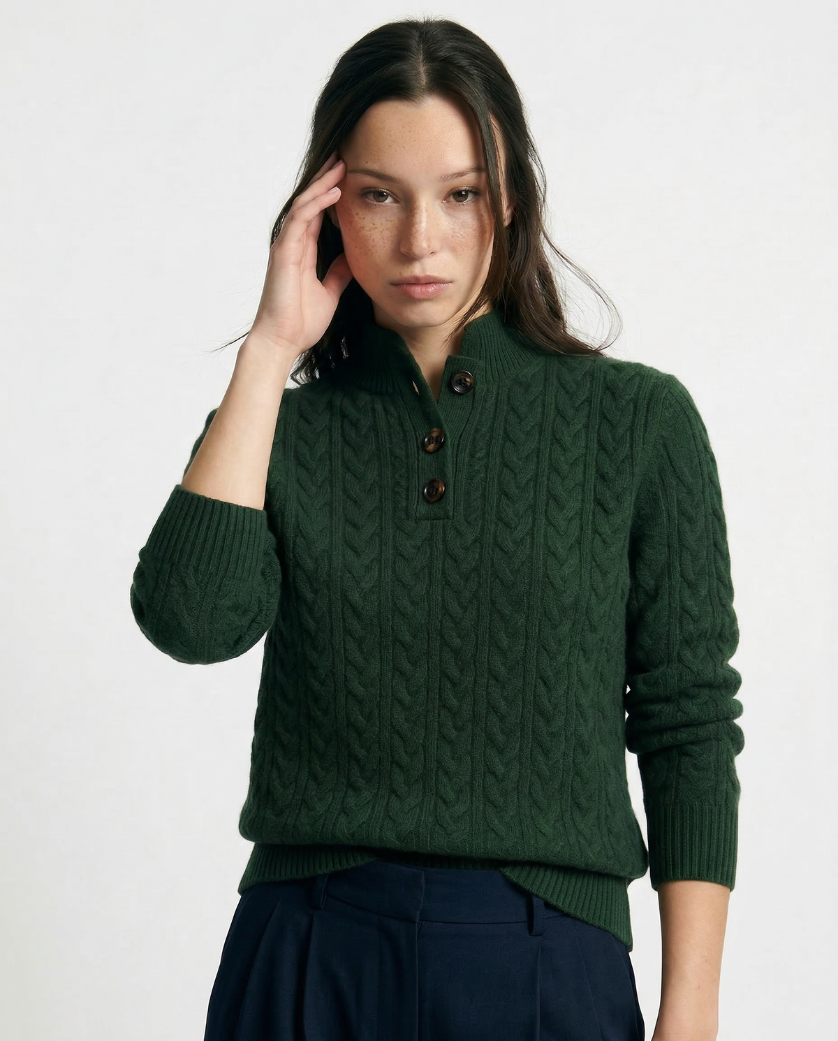 Women’s Sweater – Buttoned High Neck and Cable-Knit Design — product view