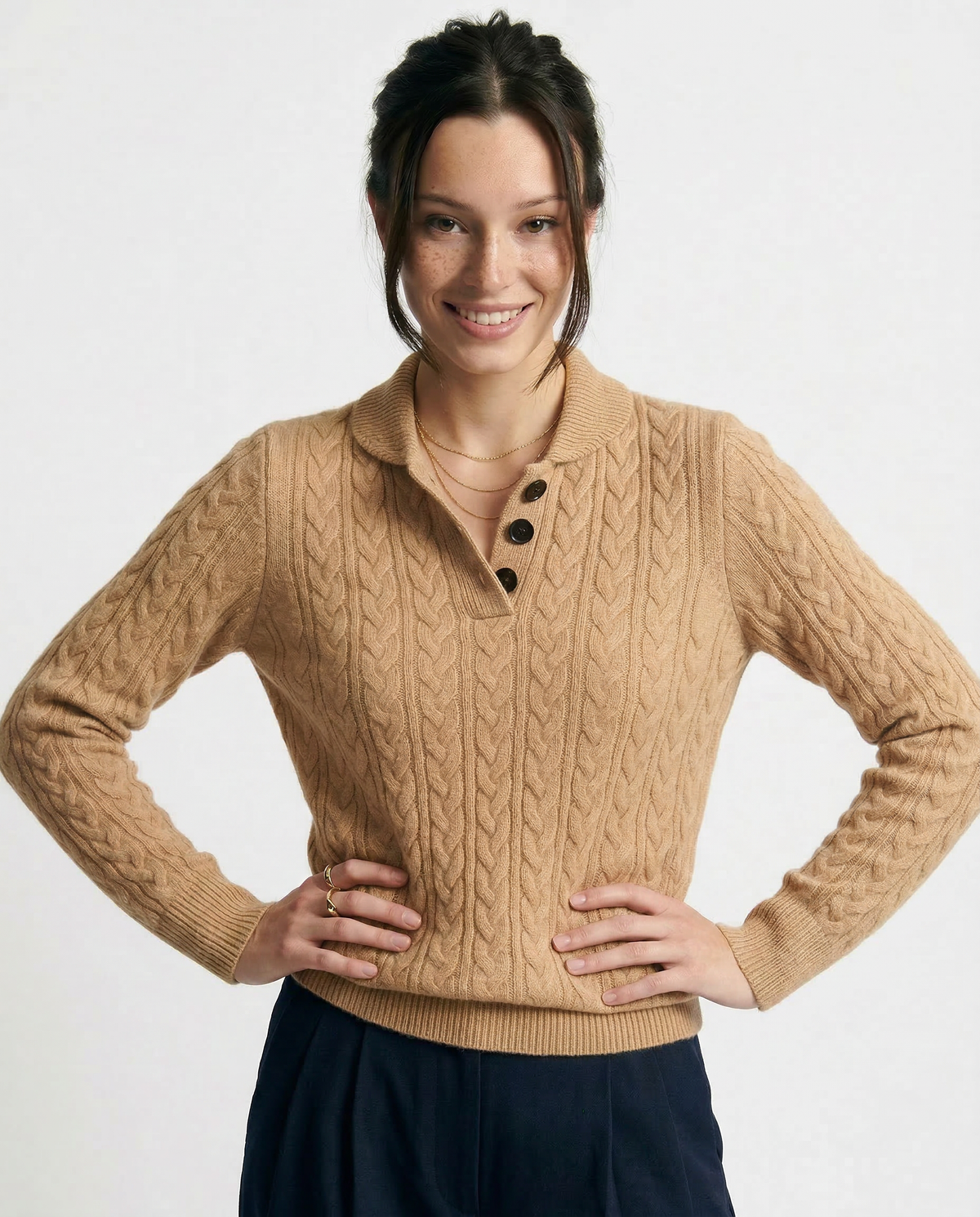 Women’s Sweater – Buttoned High Neck and Cable-Knit Design — Camel