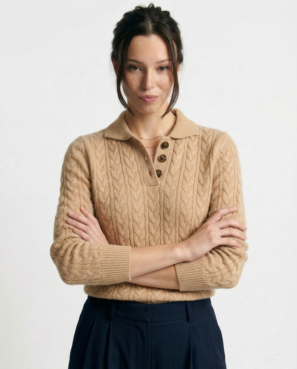 Women’s Sweater – Buttoned High Neck and Cable-Knit Design — product view