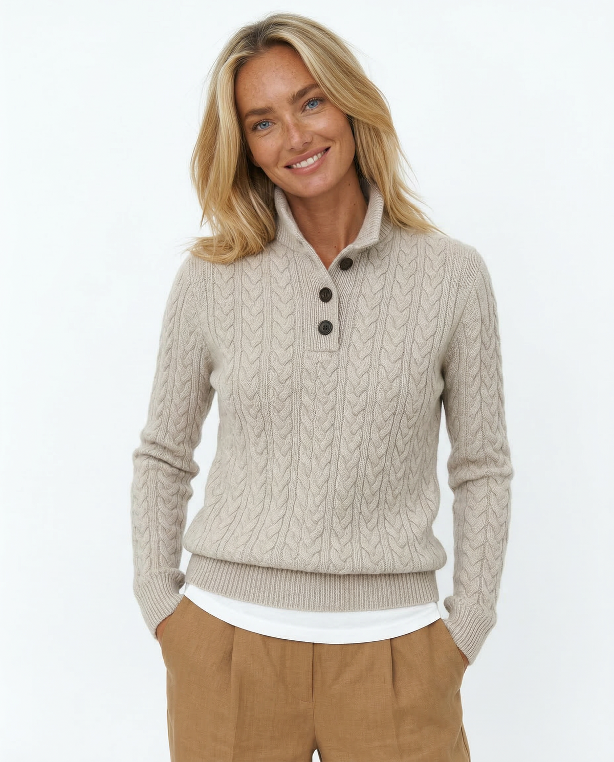 Women’s Sweater – Buttoned High Neck and Cable-Knit Design — product view