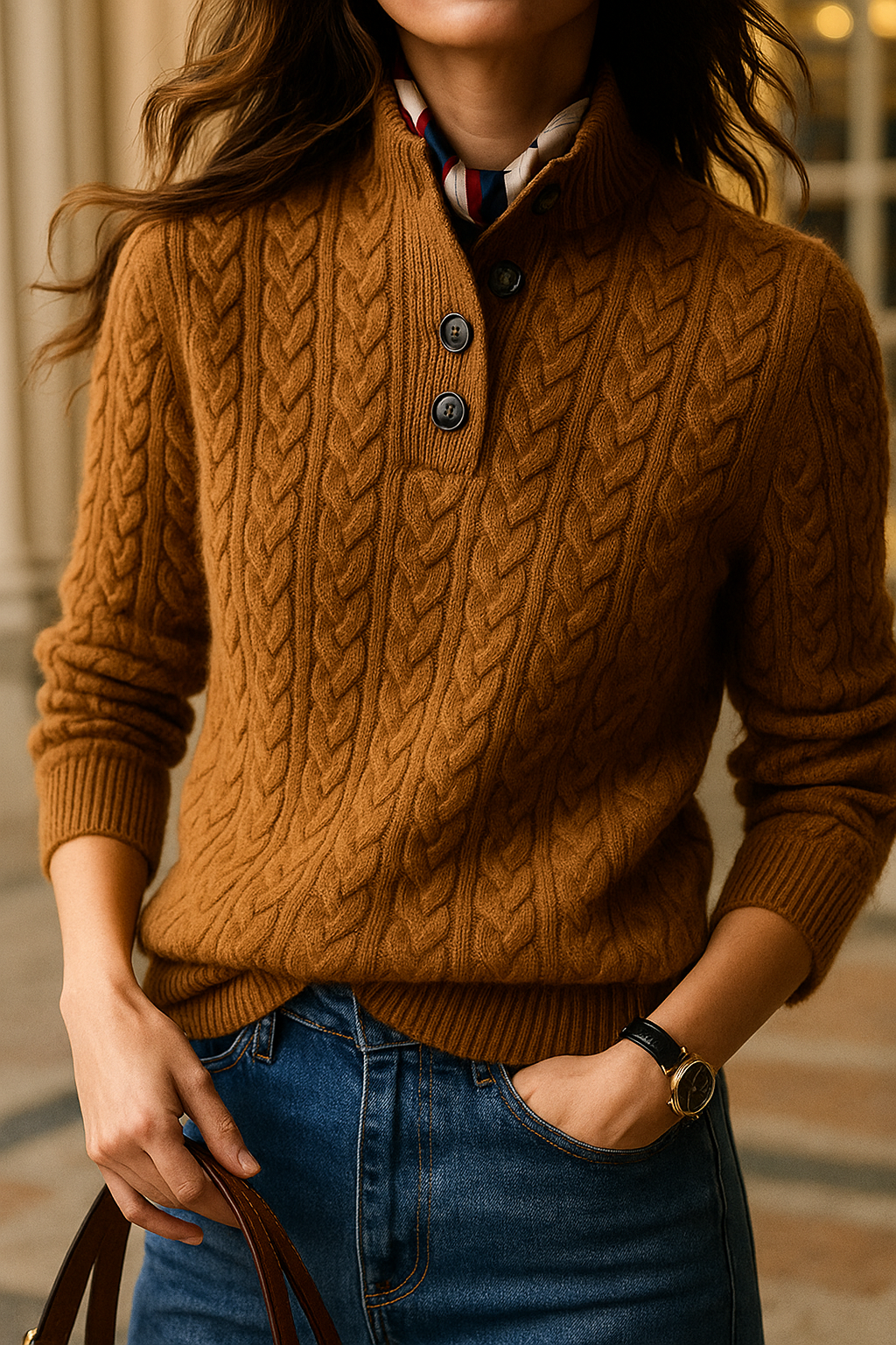 Women’s Sweater – Buttoned High Neck and Cable-Knit Design — product view
