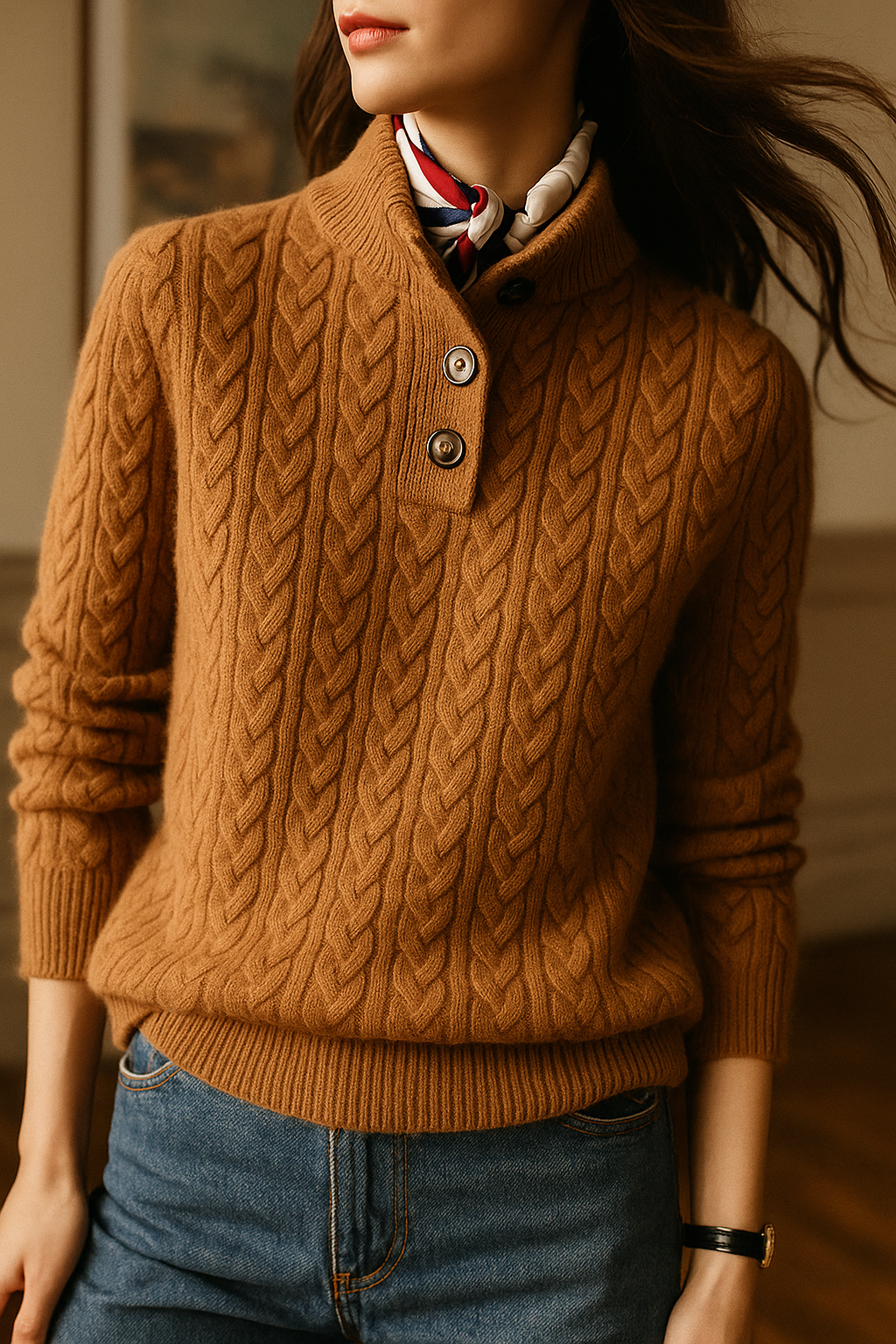 Women’s Sweater – Buttoned High Neck and Cable-Knit Design — product view