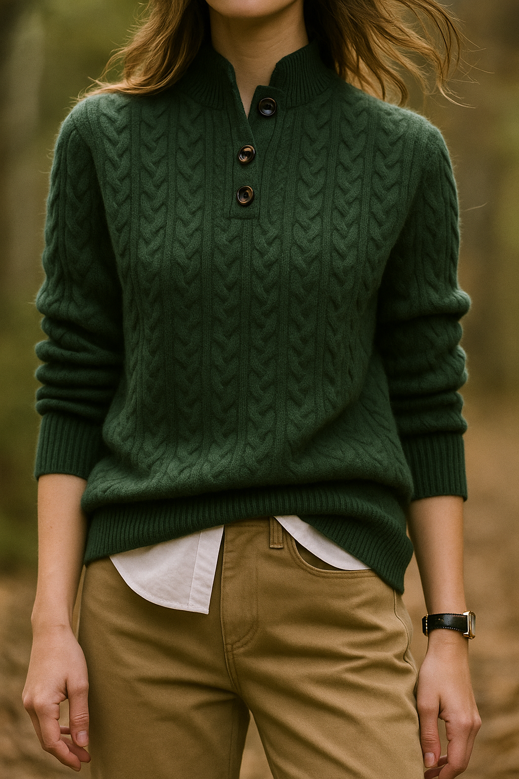 Women’s Sweater – Buttoned High Neck and Cable-Knit Design — product view