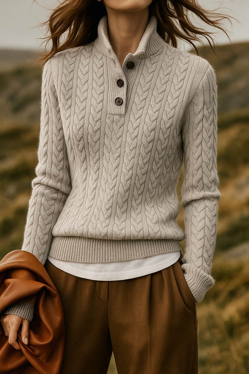 Women’s Sweater – Buttoned High Neck and Cable-Knit Design — product view
