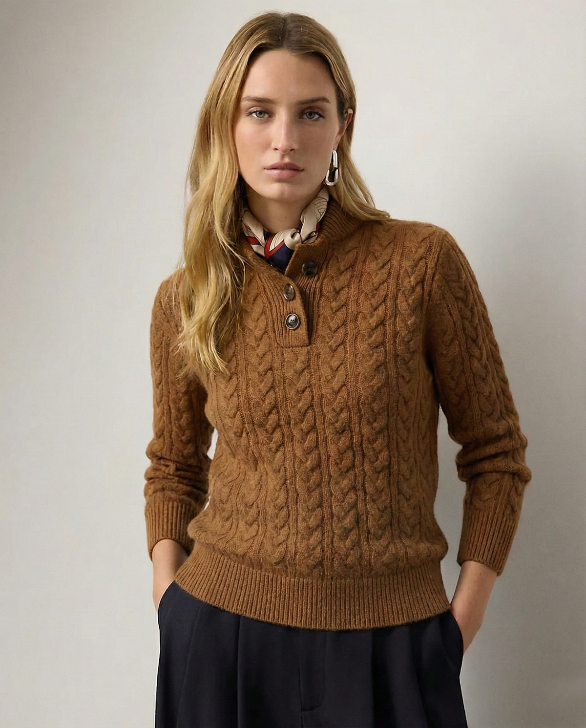 Women’s Sweater – Buttoned High Neck and Cable-Knit Design — product view