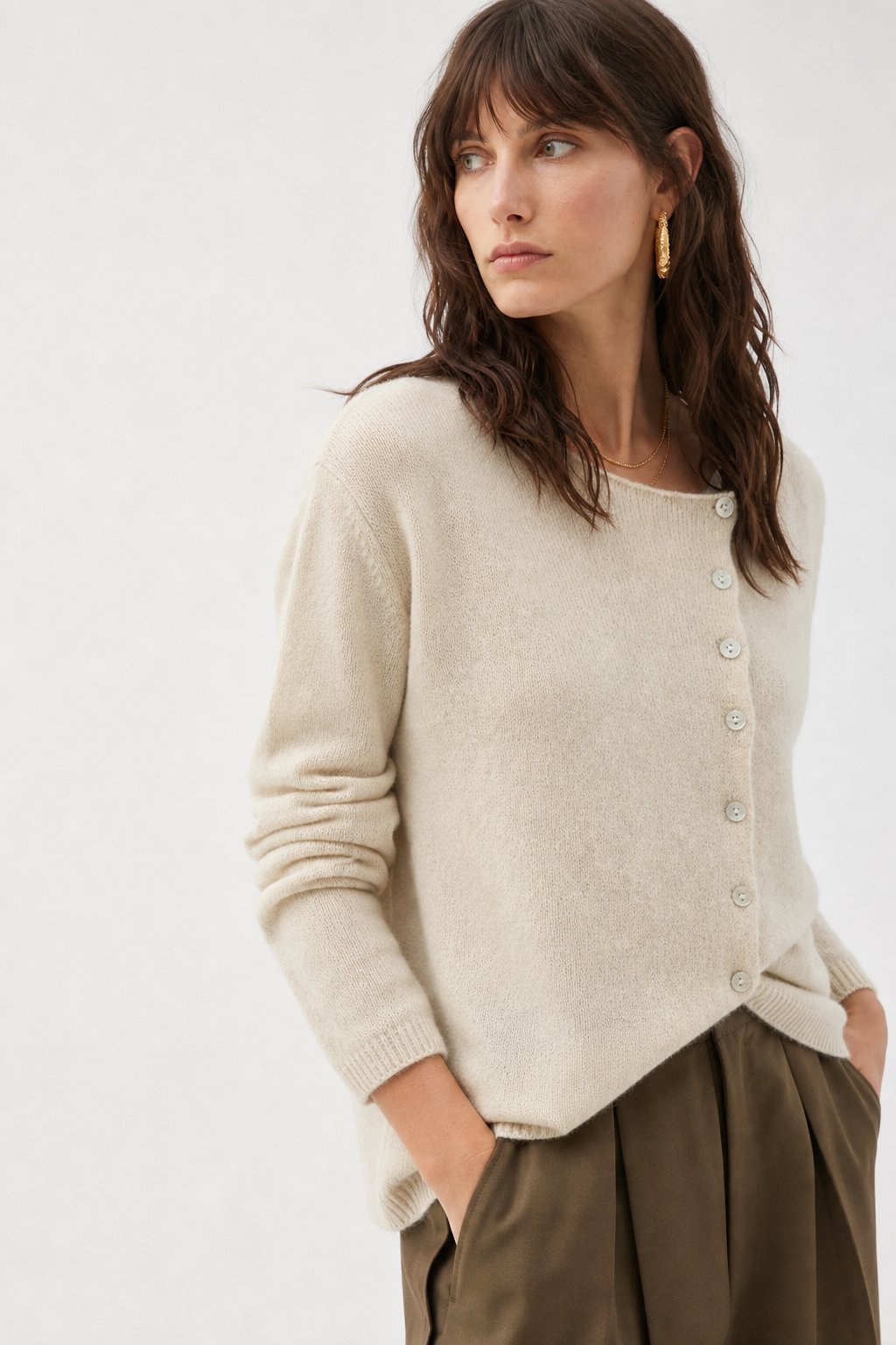 Women's Sweater – Asymmetrical Buttons and Lightweight Knit — Khaki