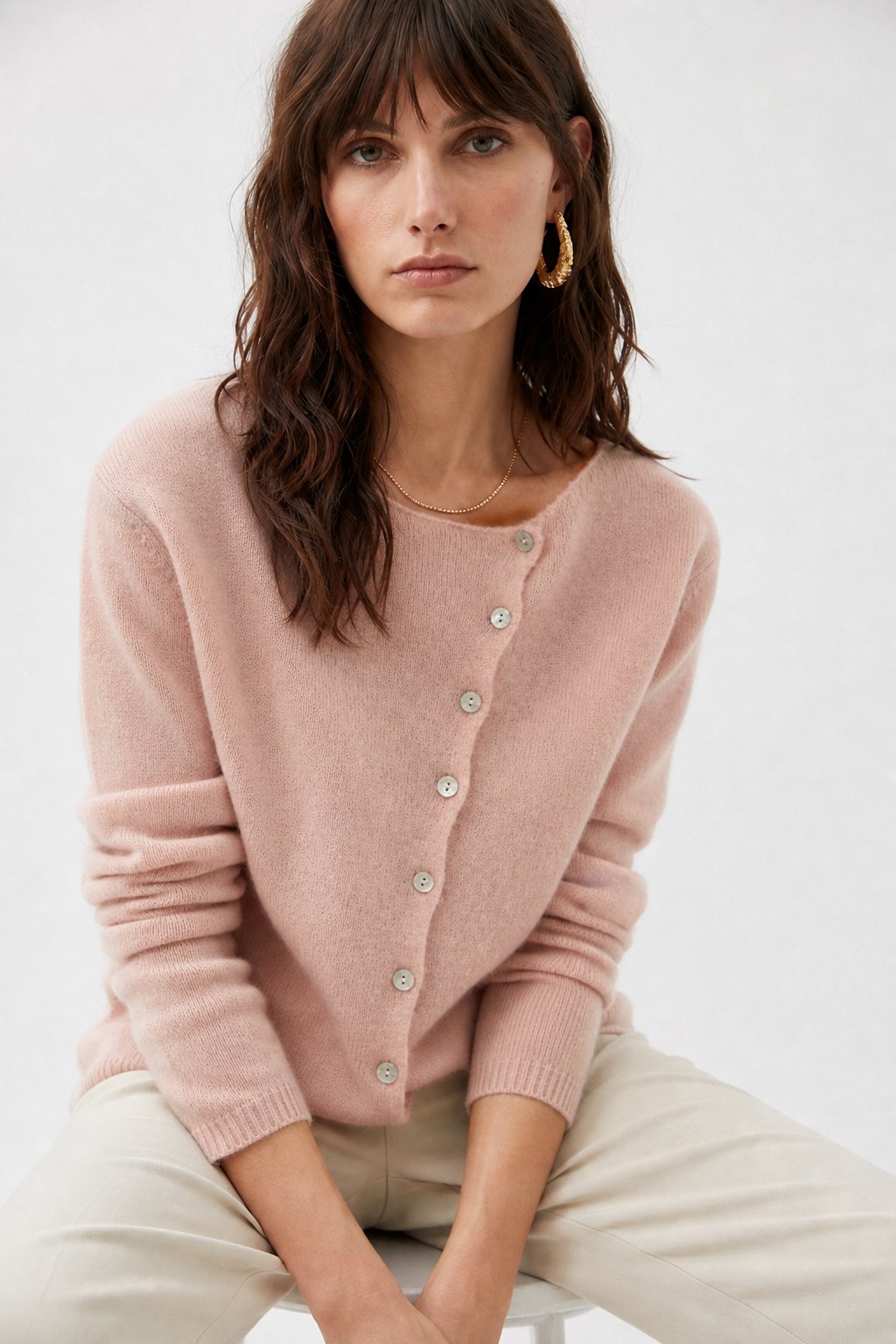 Women's Sweater – Asymmetrical Buttons and Lightweight Knit — Pink