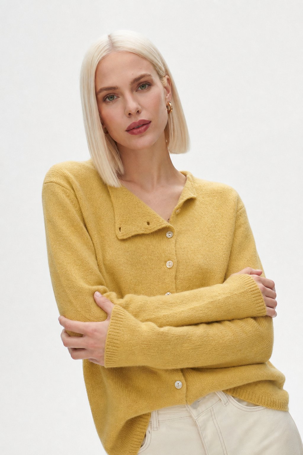 Women's Sweater – Asymmetrical Buttons and Lightweight Knit — product view