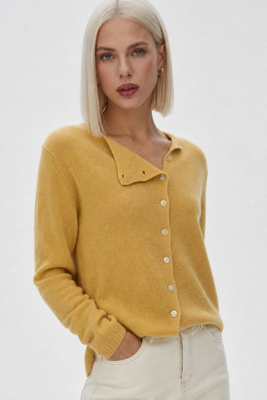 Women's Sweater – Asymmetrical Buttons and Lightweight Knit — Yellow