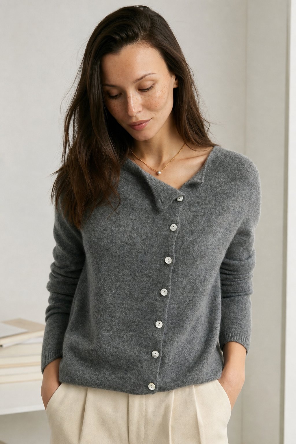 Women's Sweater – Asymmetrical Buttons and Lightweight Knit — product view