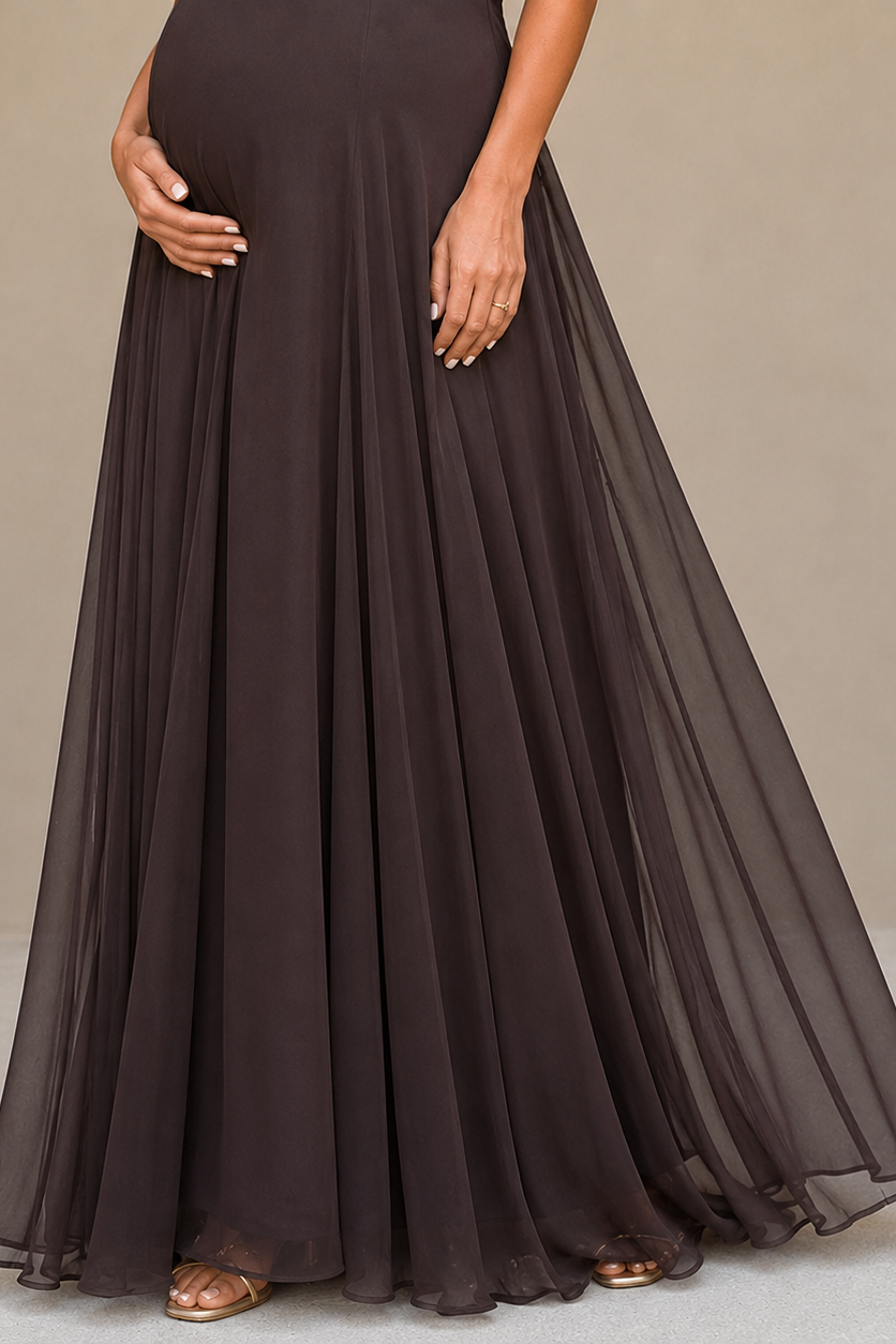 Long Maternity Dress with Off-the-Shoulder Design — Brown