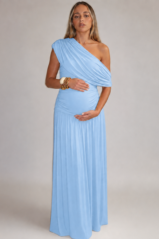 Elegant Long Maternity Dress – Refined Asymmetrical Cut — Light Blue