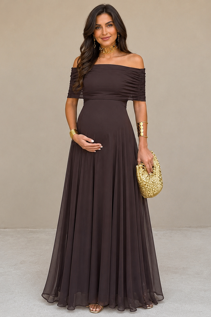 Long Maternity Dress – Off-Shoulder & Flowing Silhouette — Brown