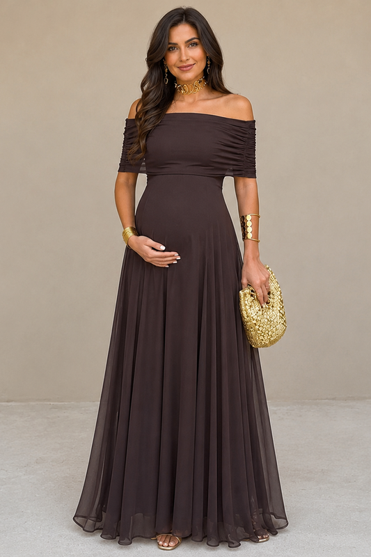 Long Maternity Dress – Off-Shoulder & Elegant Cut — Brown