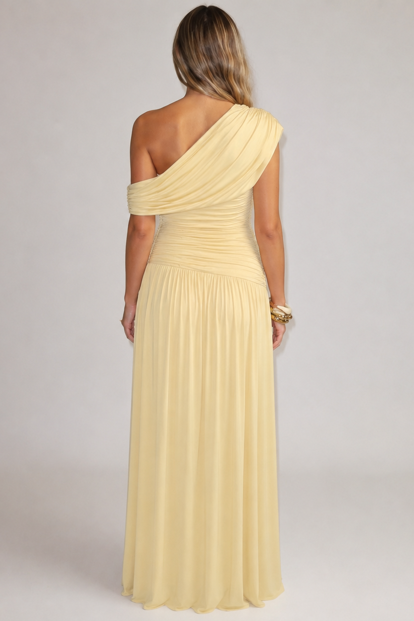 Elegant Long Maternity Dress – Asymmetrical and Refined Silhouette — Apricot