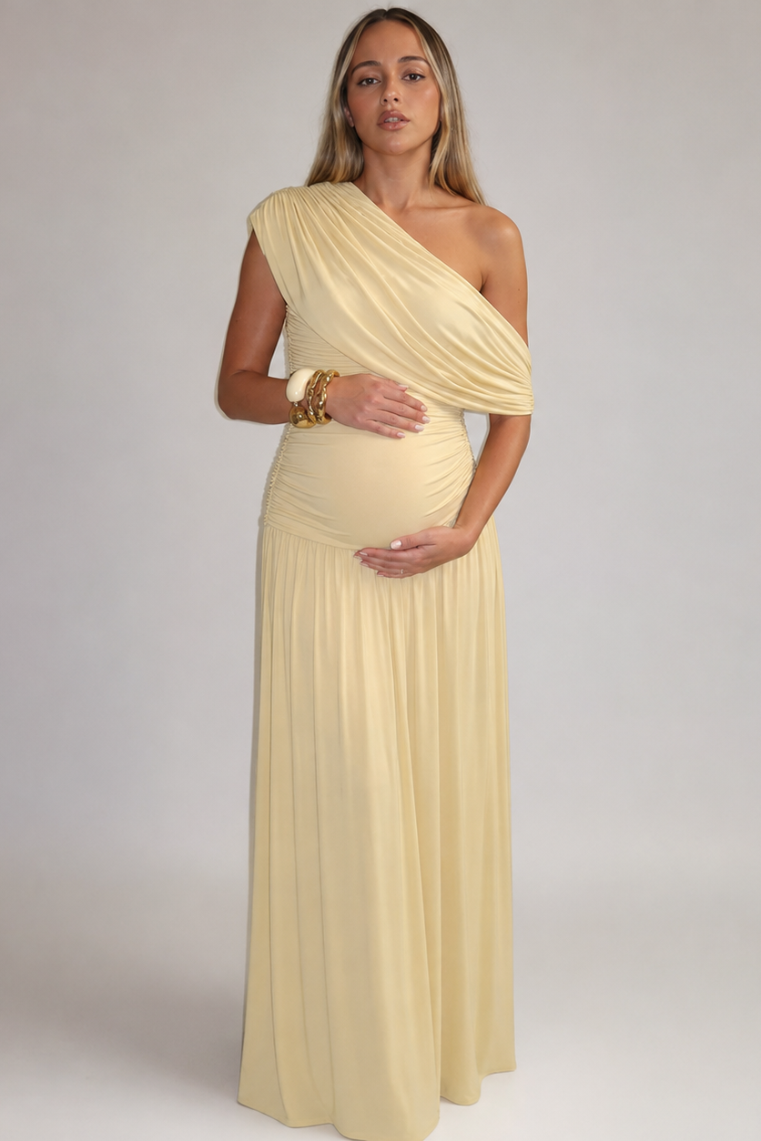 Elegant Long Maternity Dress – Asymmetrical and Feminine Cut — Apricot