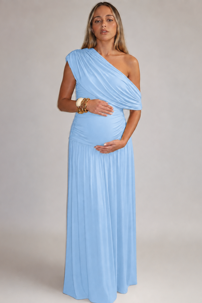 Elegant Long Maternity Dress – Asymmetrical and Feminine Cut — Light Blue