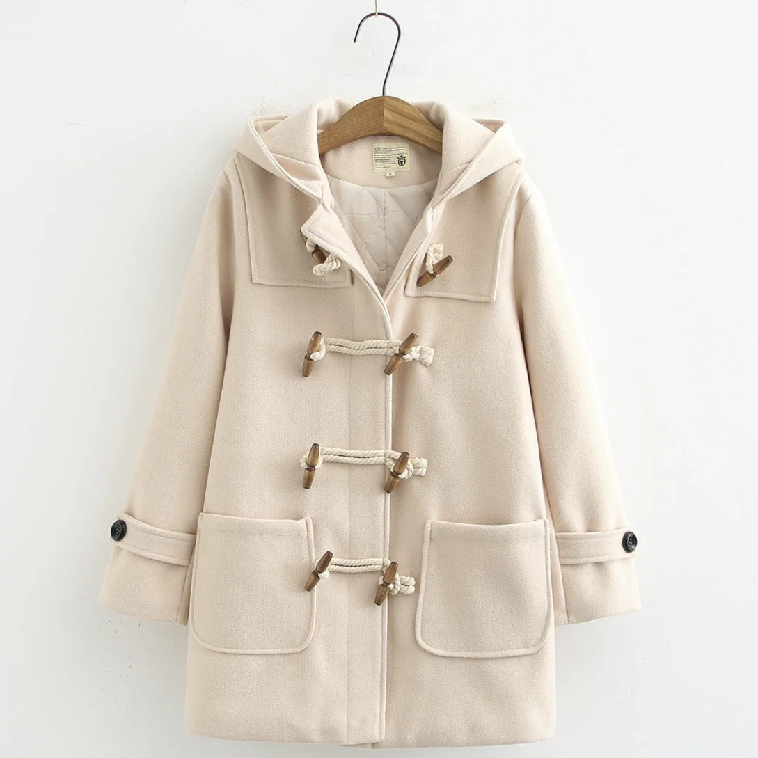 Women's Duffle Coat – Hood and Horn Buttons, Loose Fit — Beige