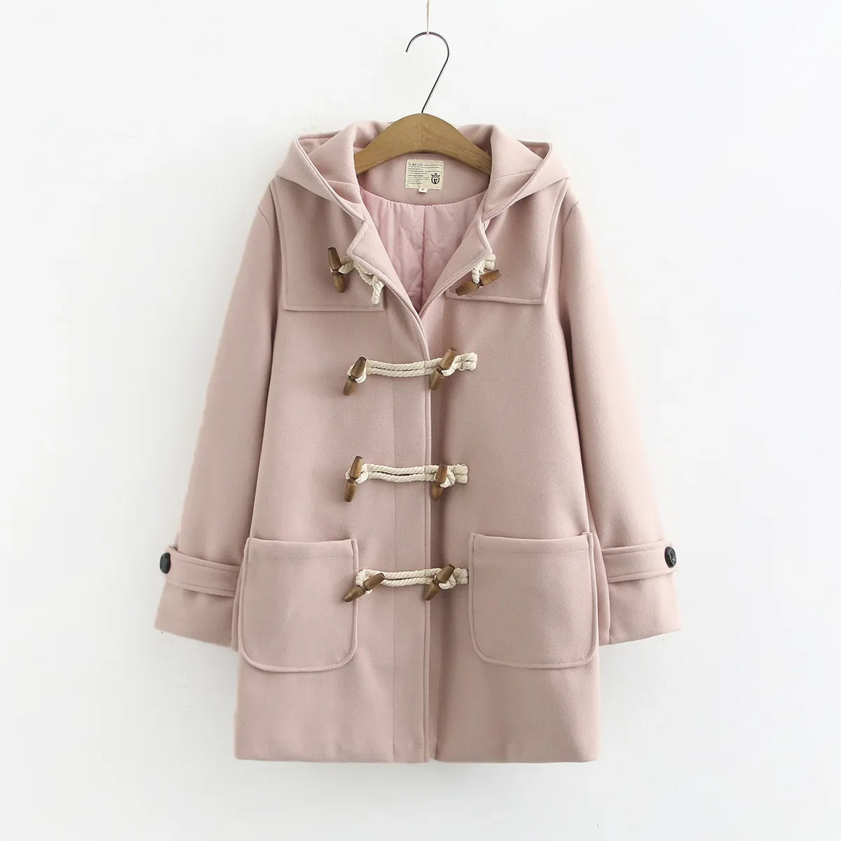 Women's Duffle Coat – Hood and Horn Buttons, Loose Fit — Pink