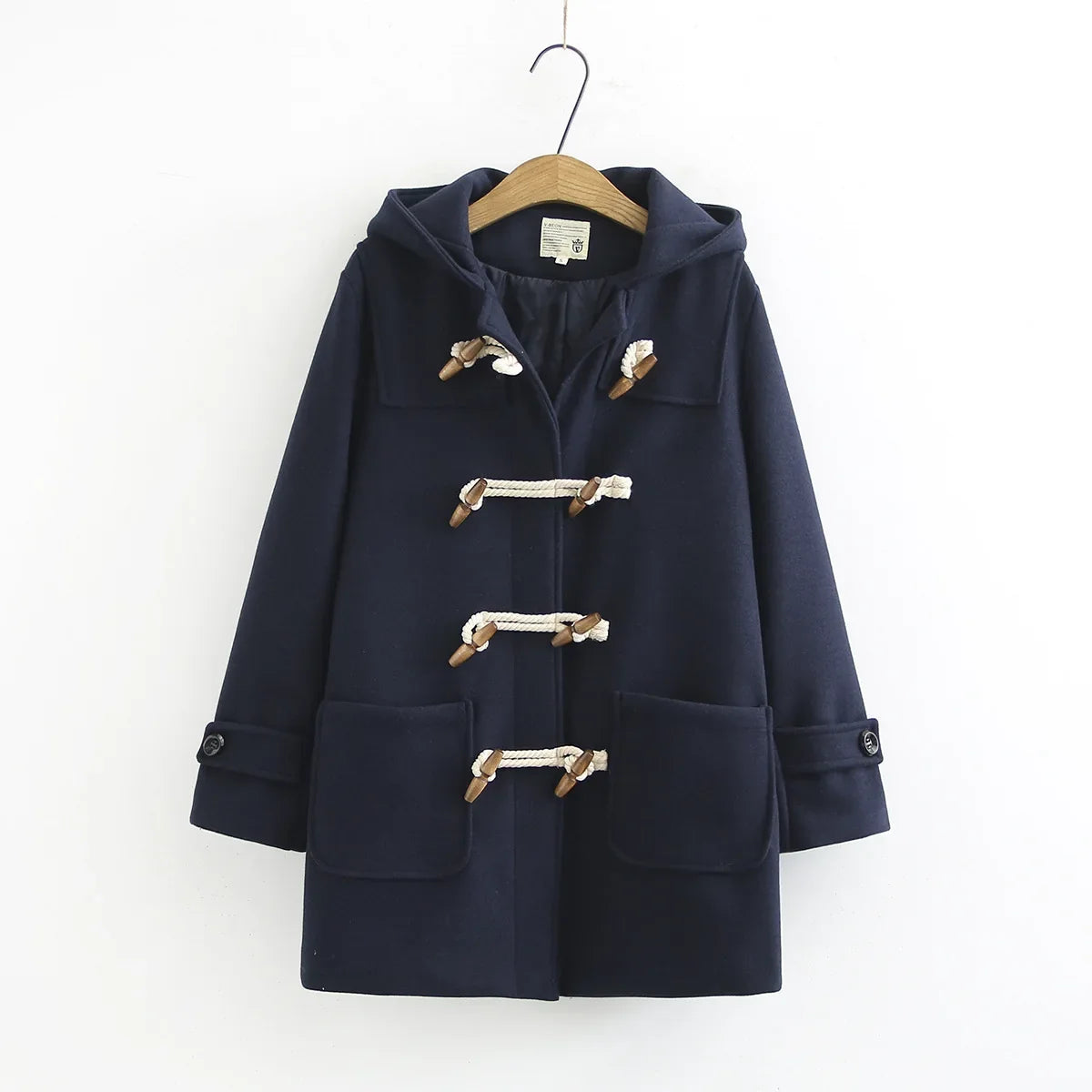 Women's Duffle Coat – Hood and Horn Buttons, Loose Fit — Navy