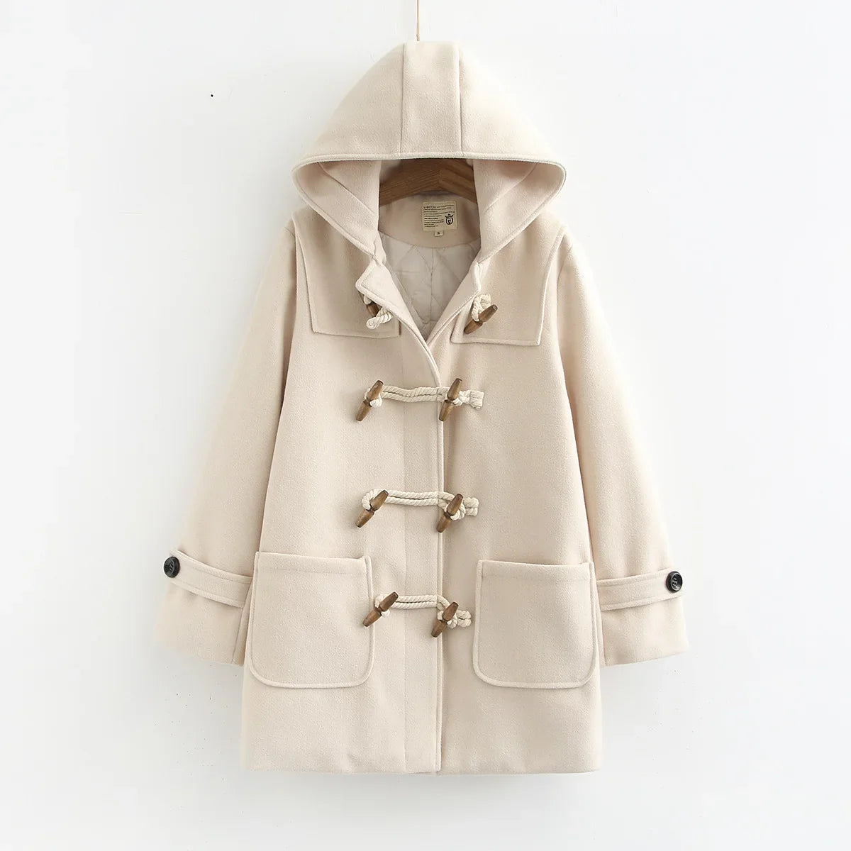 Women's Duffle Coat – Hood and Horn Buttons, Loose Fit — Beige