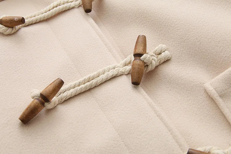 Women's Duffle Coat – Hood and Horn Buttons, Loose Fit — Beige