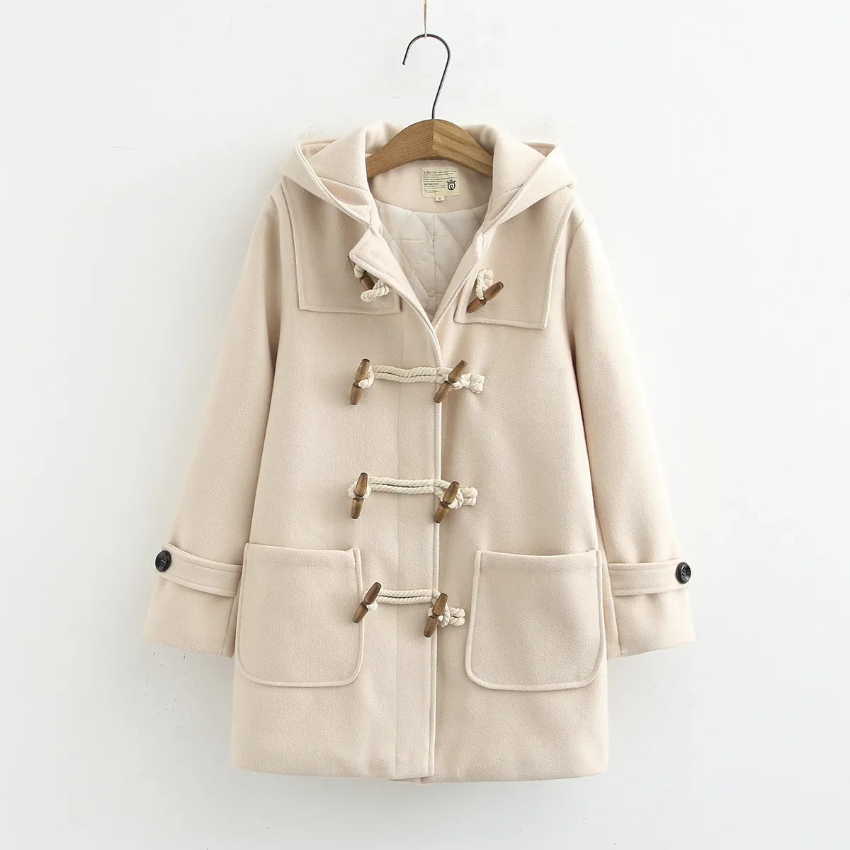 Women's Duffle Coat – Hood and Horn Buttons, Loose Fit — Beige