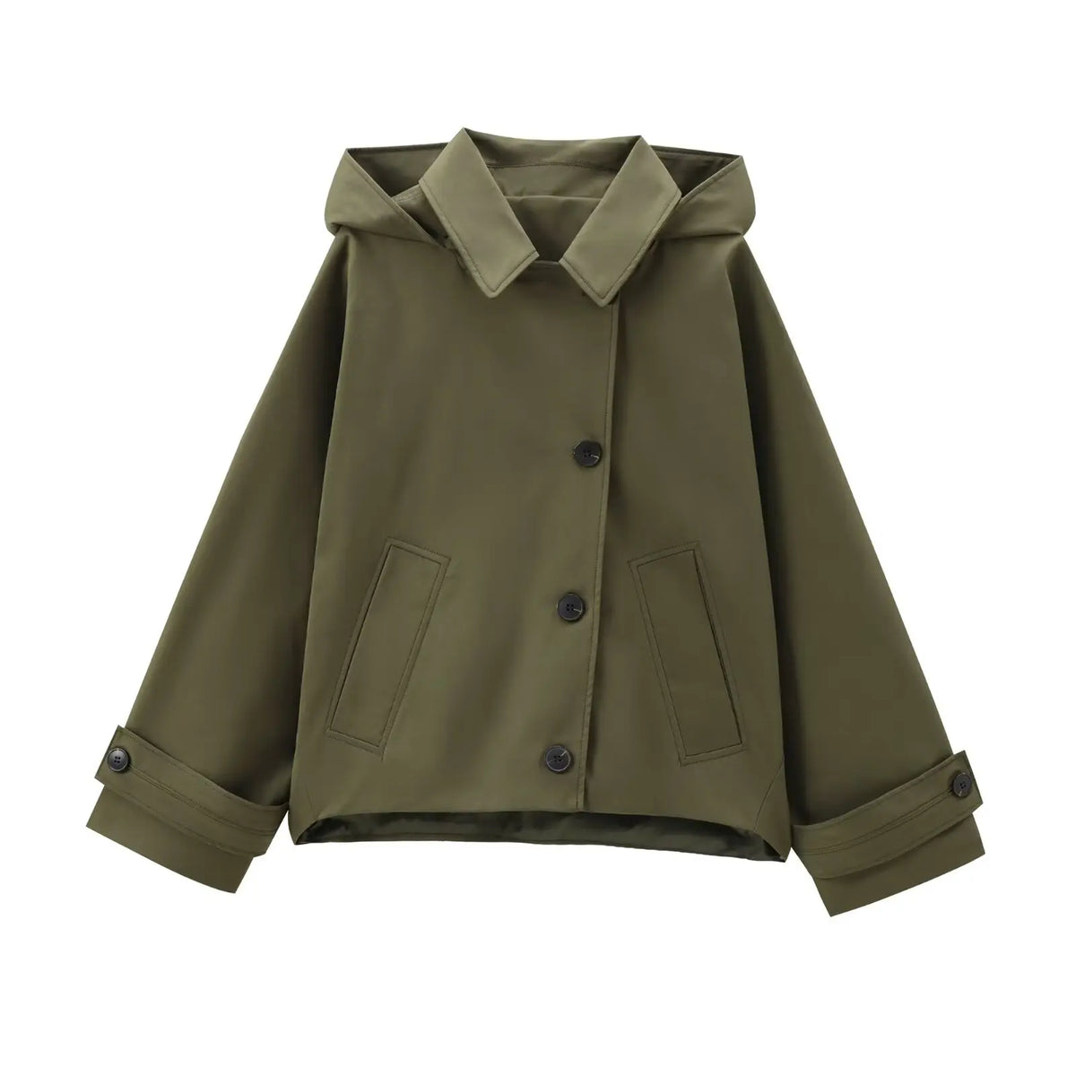 Women's Trench Coat – Hooded, Patch Pockets, and Timeless Relaxed Fit — Olive Green
