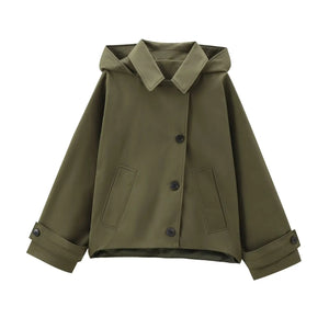 Trench-coat pour femme avec capuche, coupe décontractée et poches plaquées — Vert olive