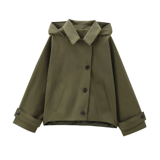 Women's Trench Coat – Hooded, Patch Pockets, and Timeless Relaxed Fit — Olive Green